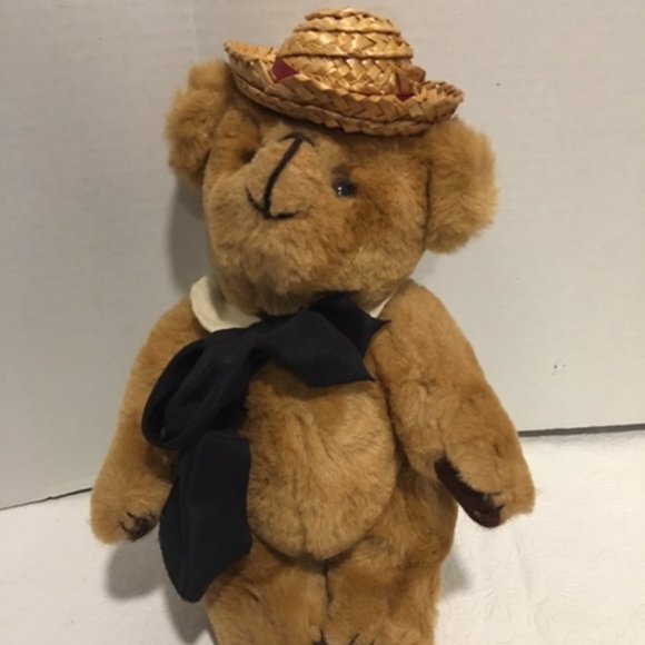 Vintage 1985 KENT Collectibles JOINTED TEDDY BEAR Straw Hat Black Neck Bow 10" - Picture 6 of 9